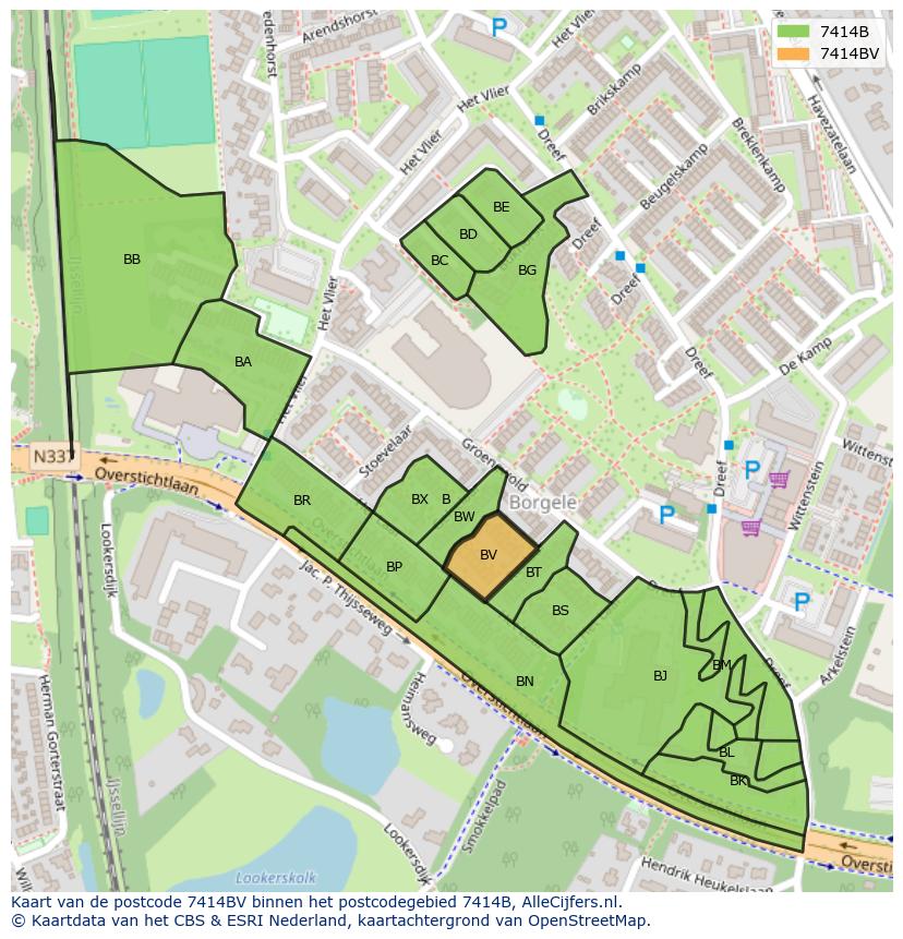 Afbeelding van het postcodegebied 7414 BV op de kaart.