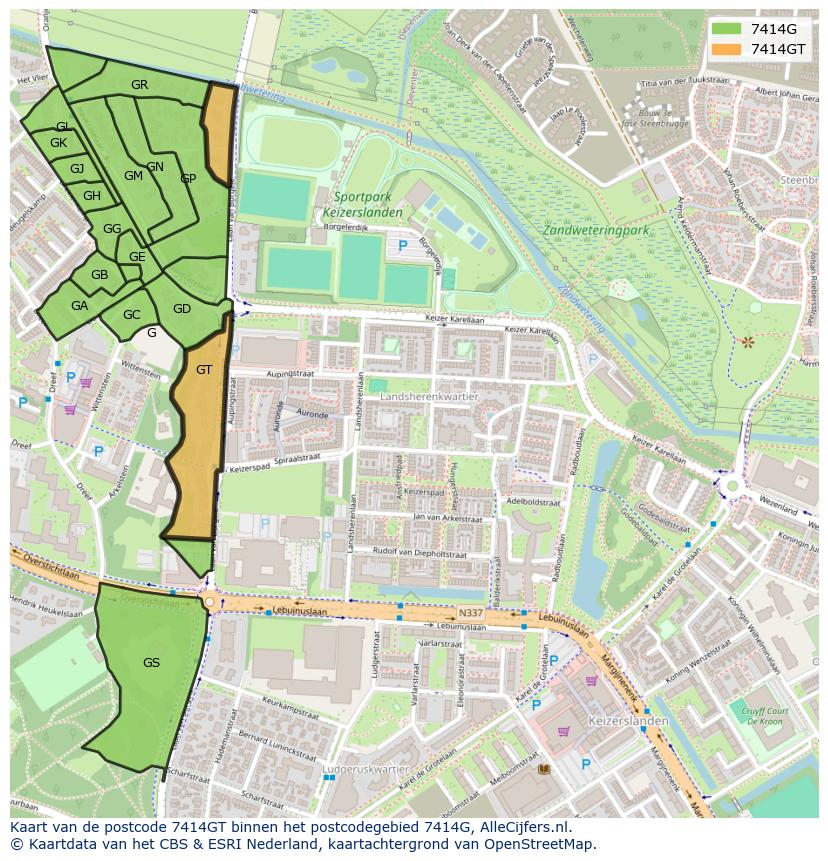 Afbeelding van het postcodegebied 7414 GT op de kaart.