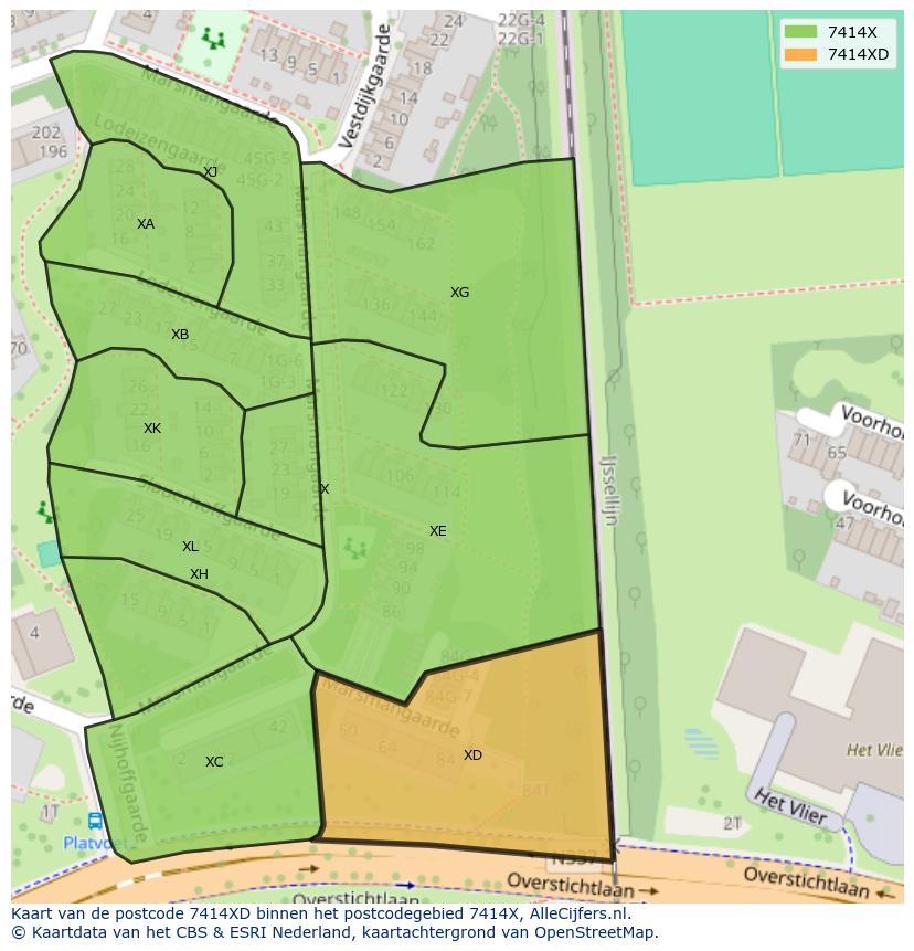Afbeelding van het postcodegebied 7414 XD op de kaart.