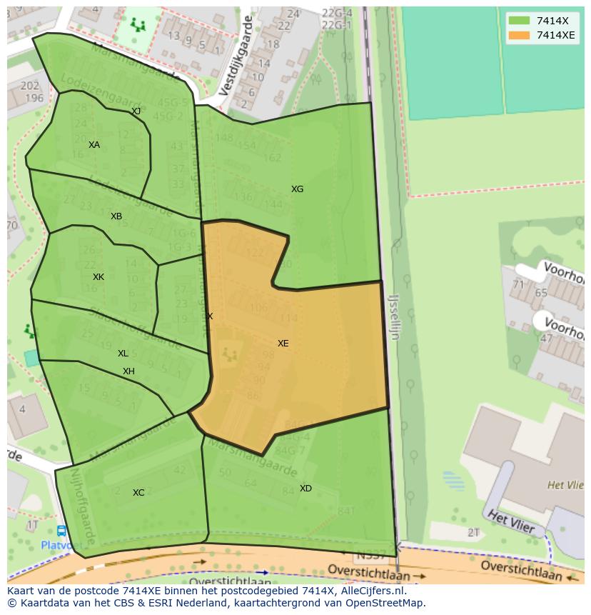 Afbeelding van het postcodegebied 7414 XE op de kaart.