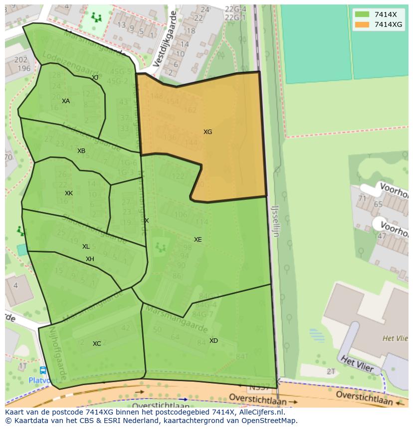 Afbeelding van het postcodegebied 7414 XG op de kaart.