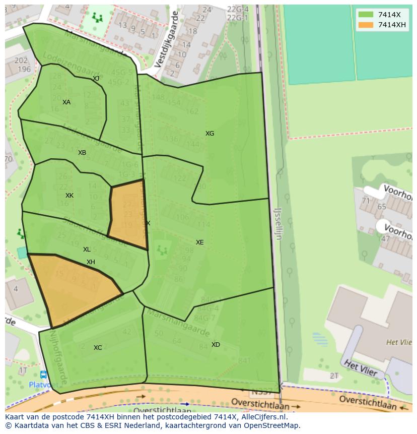 Afbeelding van het postcodegebied 7414 XH op de kaart.