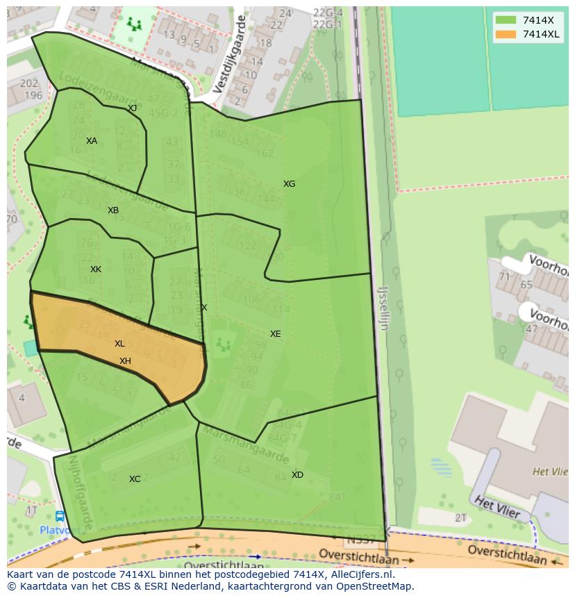 Afbeelding van het postcodegebied 7414 XL op de kaart.