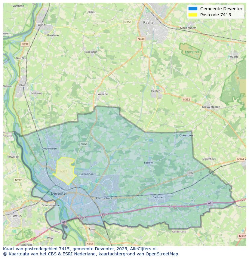 Afbeelding van het postcodegebied 7415 op de kaart.