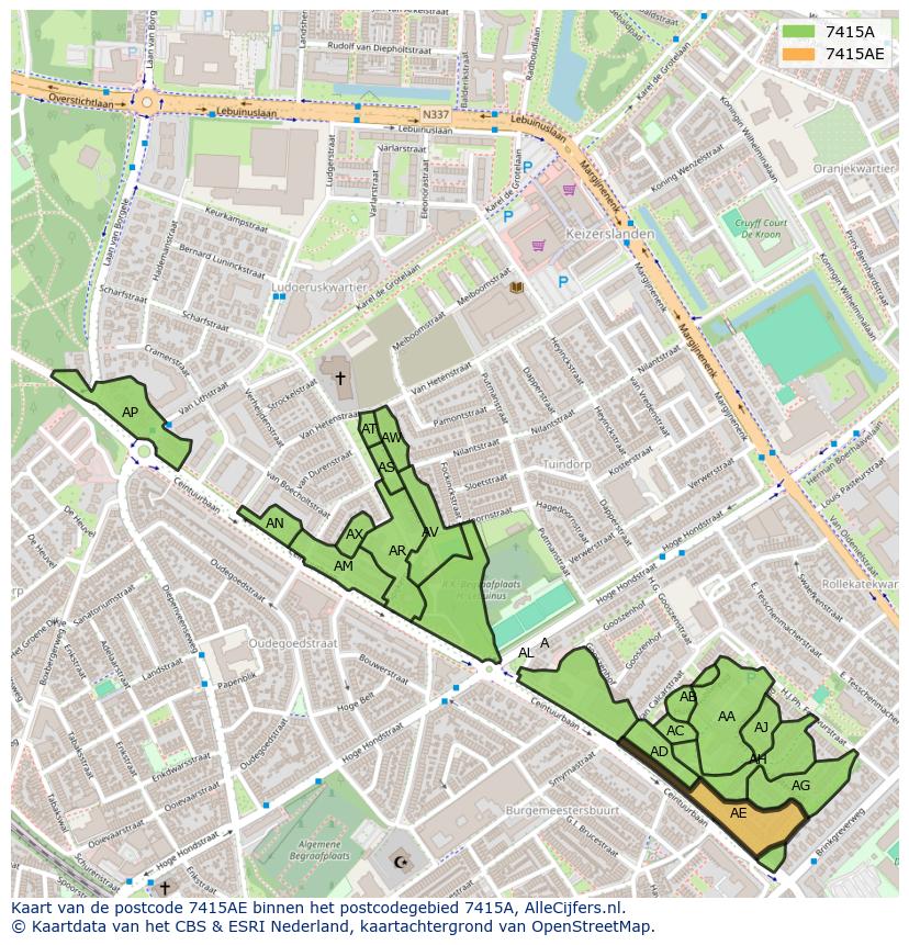 Afbeelding van het postcodegebied 7415 AE op de kaart.