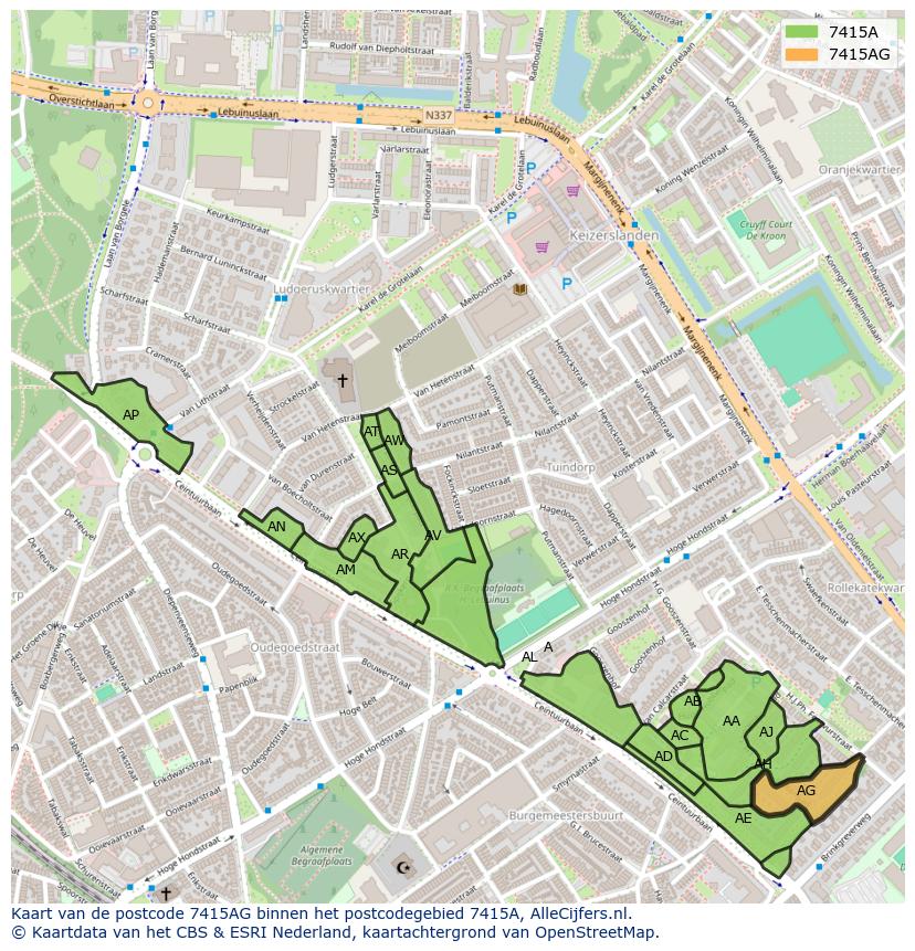 Afbeelding van het postcodegebied 7415 AG op de kaart.