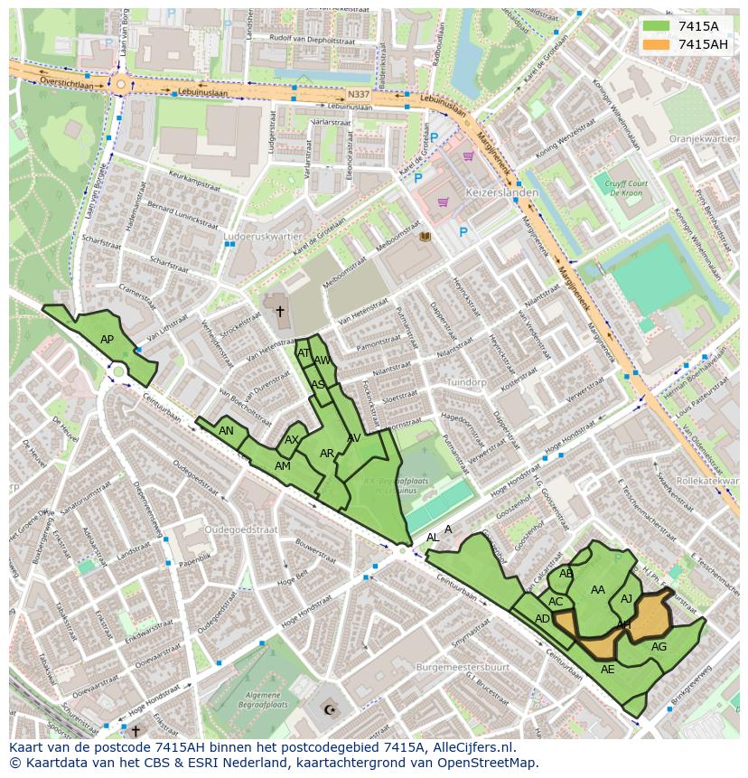 Afbeelding van het postcodegebied 7415 AH op de kaart.