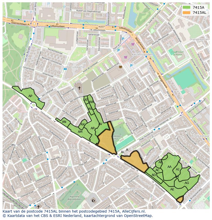 Afbeelding van het postcodegebied 7415 AL op de kaart.
