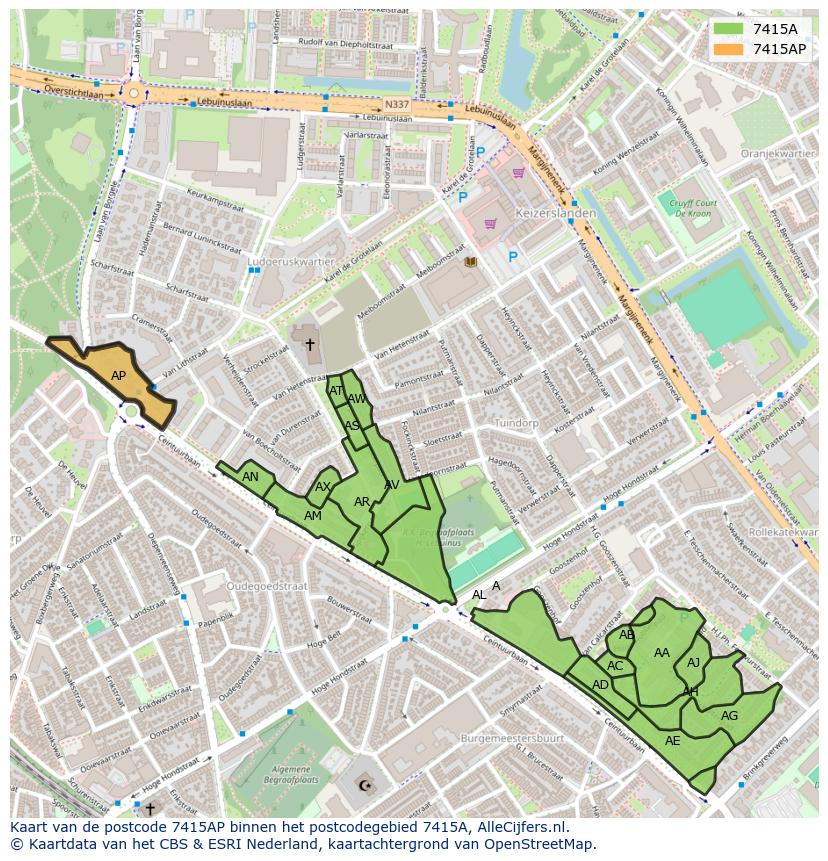Afbeelding van het postcodegebied 7415 AP op de kaart.