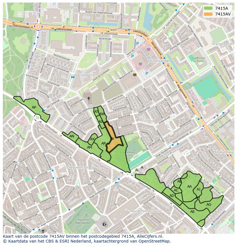 Afbeelding van het postcodegebied 7415 AV op de kaart.