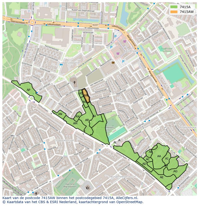 Afbeelding van het postcodegebied 7415 AW op de kaart.