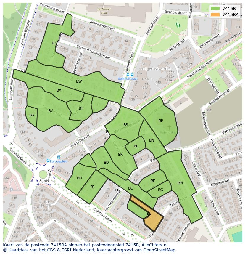 Afbeelding van het postcodegebied 7415 BA op de kaart.