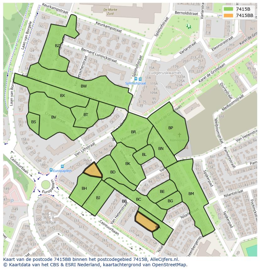 Afbeelding van het postcodegebied 7415 BB op de kaart.