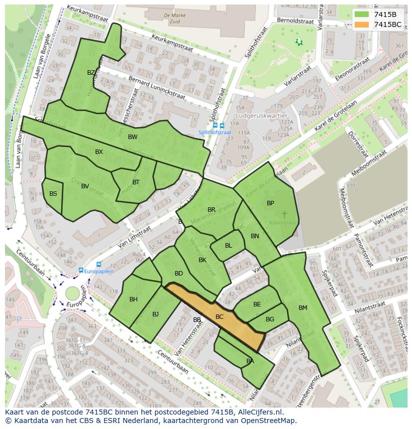 Afbeelding van het postcodegebied 7415 BC op de kaart.