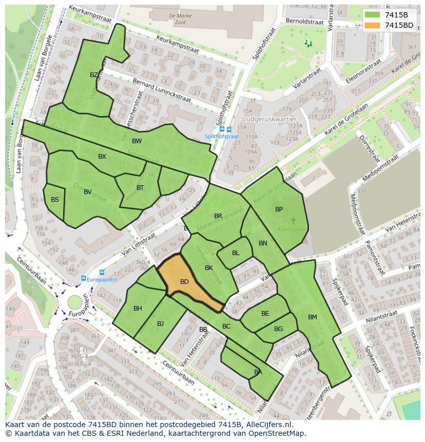 Afbeelding van het postcodegebied 7415 BD op de kaart.