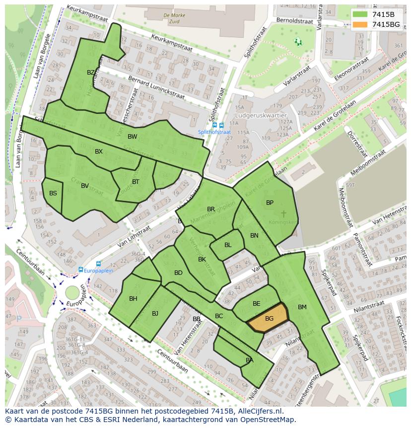 Afbeelding van het postcodegebied 7415 BG op de kaart.