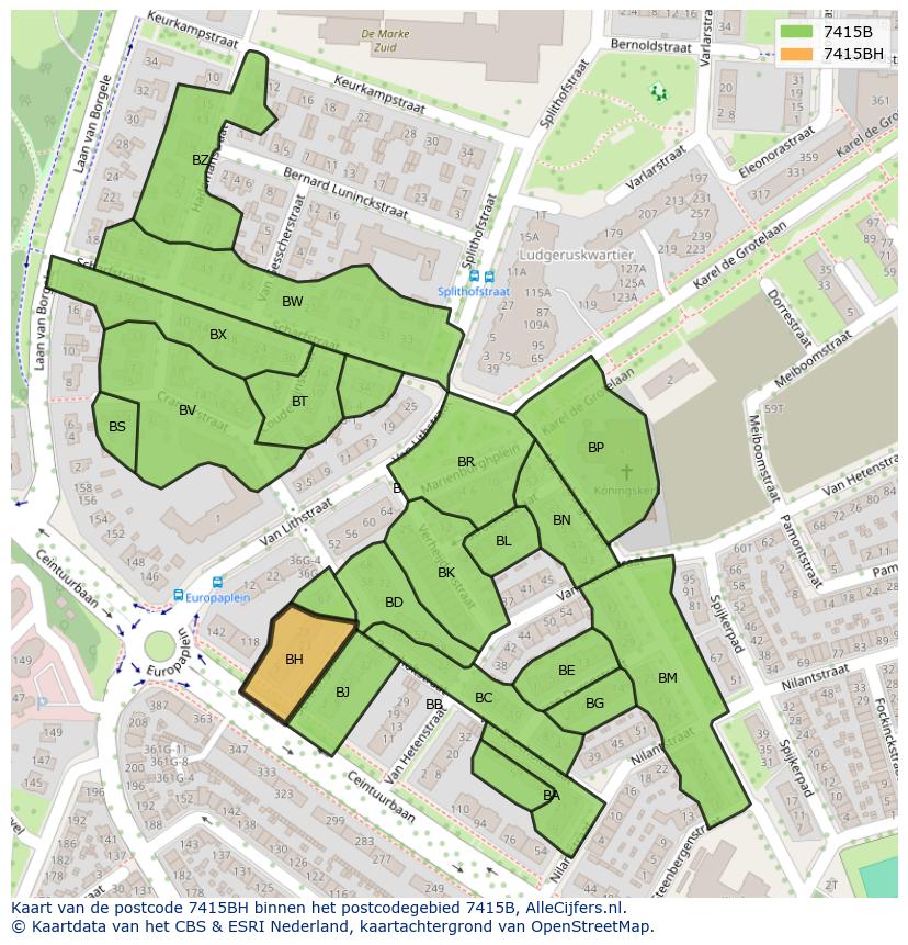 Afbeelding van het postcodegebied 7415 BH op de kaart.