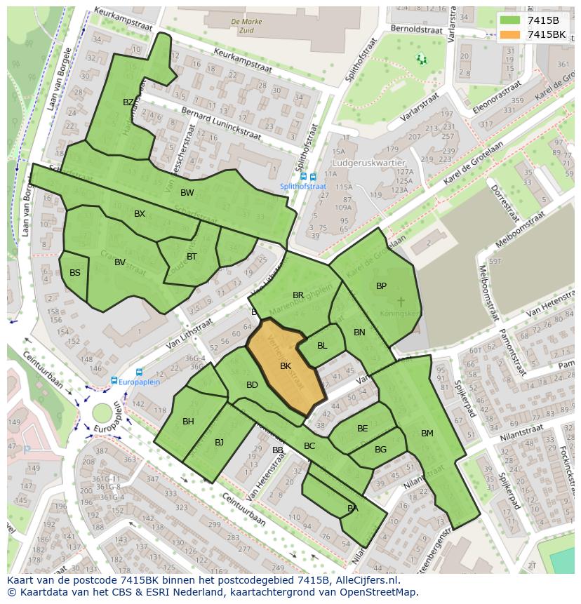 Afbeelding van het postcodegebied 7415 BK op de kaart.