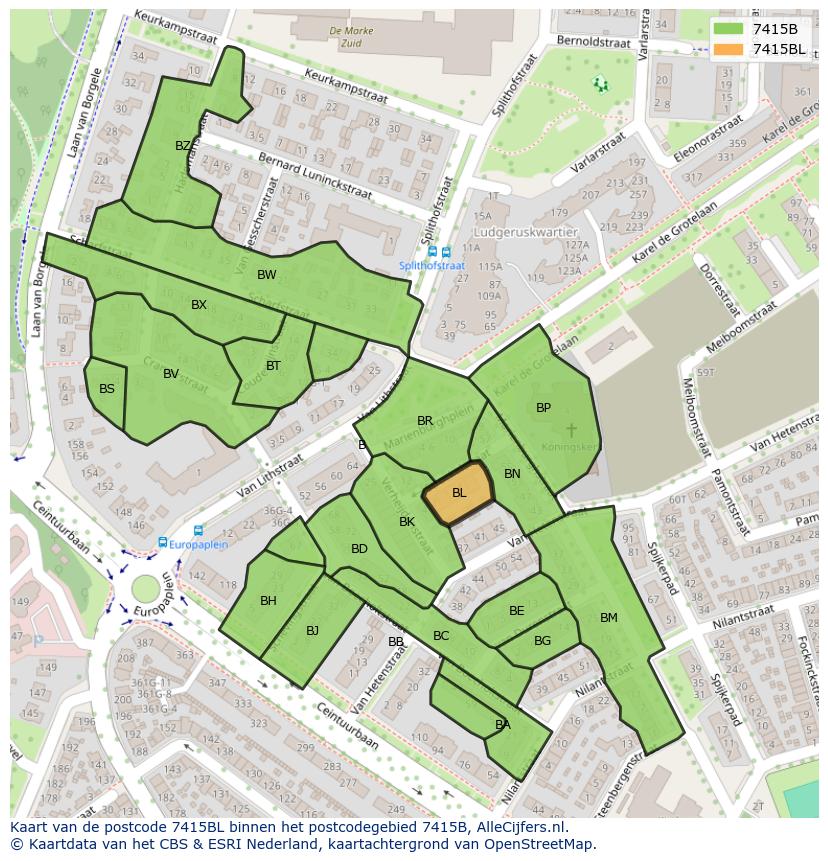 Afbeelding van het postcodegebied 7415 BL op de kaart.