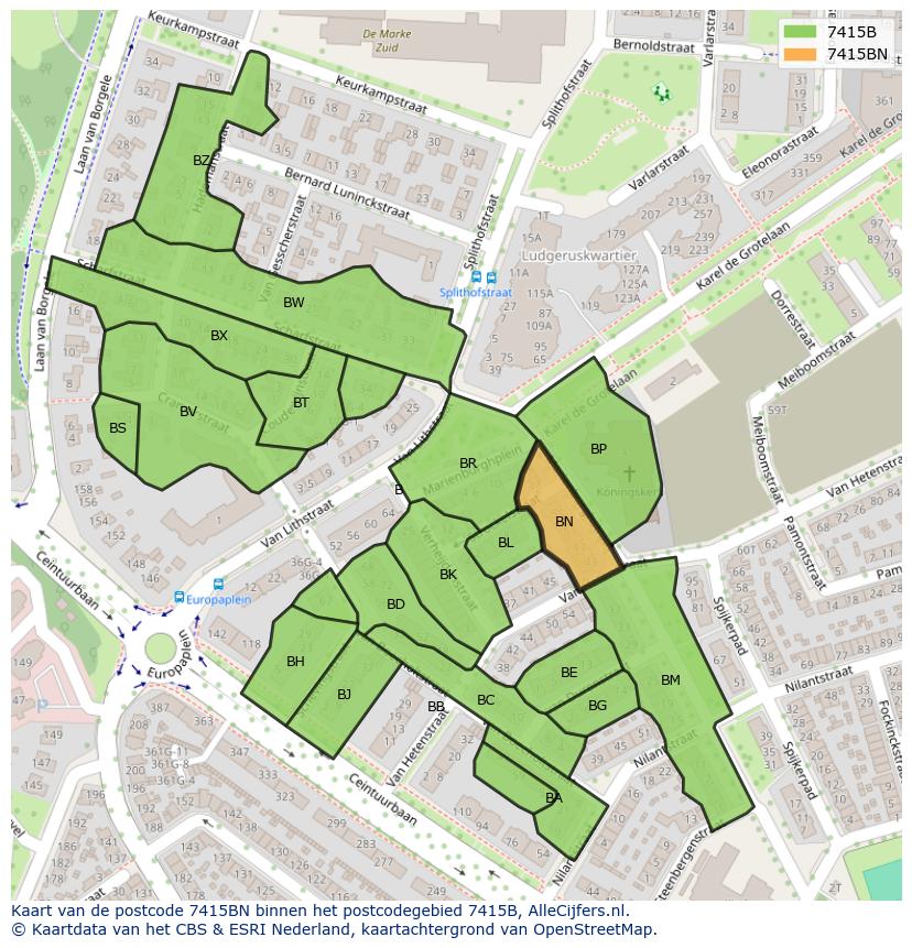 Afbeelding van het postcodegebied 7415 BN op de kaart.