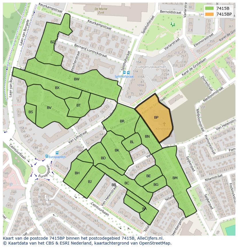 Afbeelding van het postcodegebied 7415 BP op de kaart.