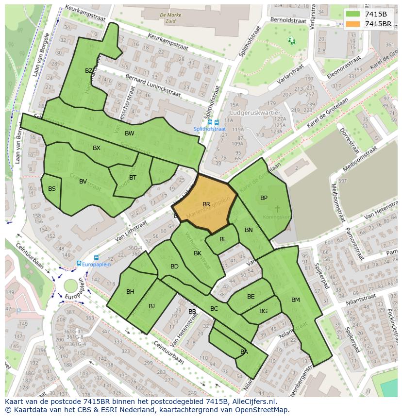 Afbeelding van het postcodegebied 7415 BR op de kaart.