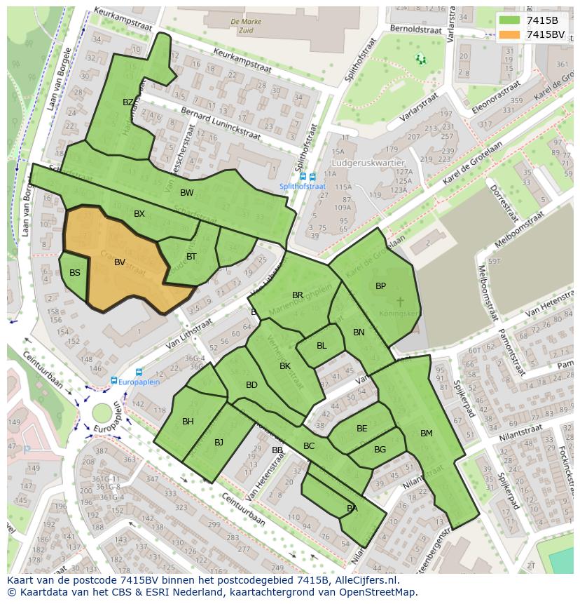 Afbeelding van het postcodegebied 7415 BV op de kaart.