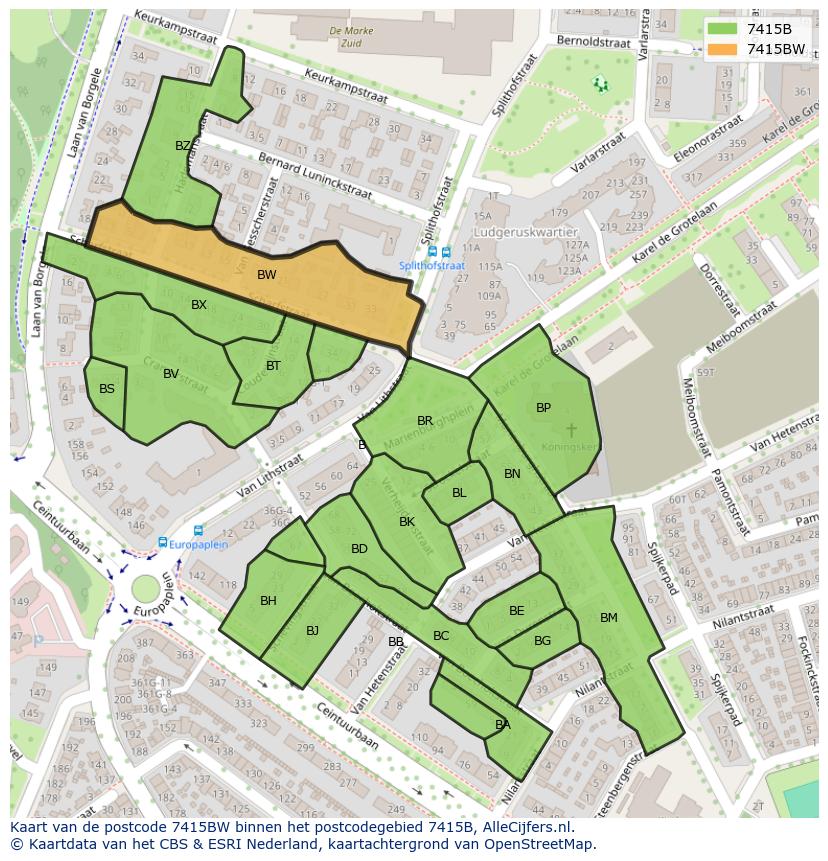 Afbeelding van het postcodegebied 7415 BW op de kaart.