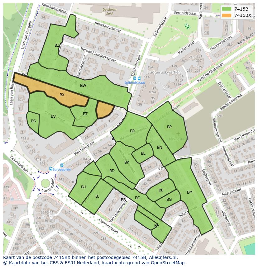 Afbeelding van het postcodegebied 7415 BX op de kaart.