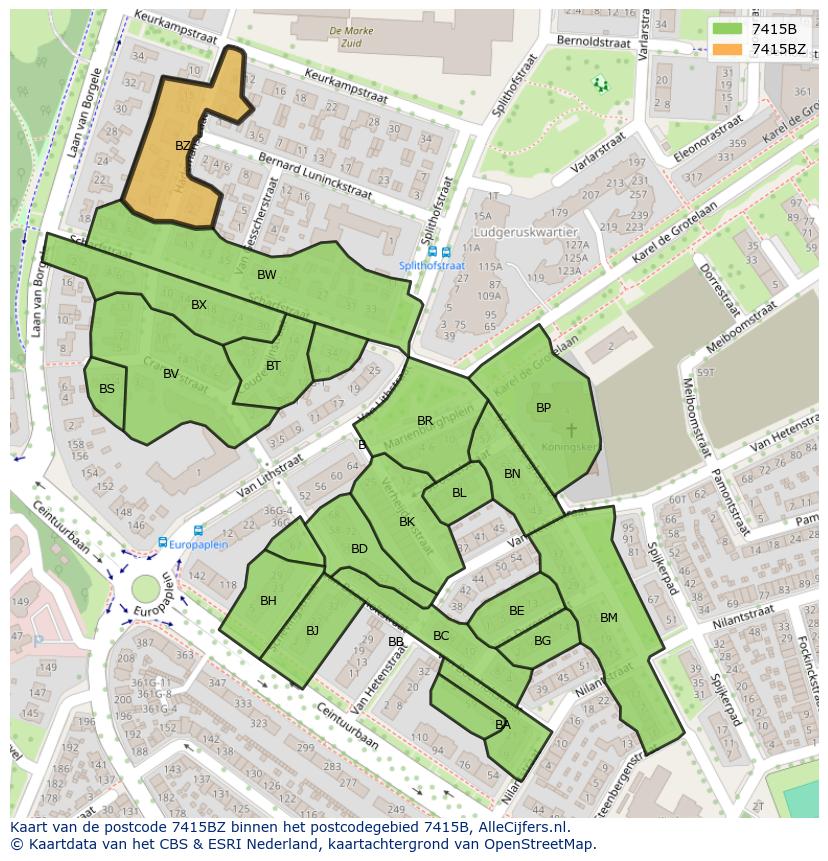 Afbeelding van het postcodegebied 7415 BZ op de kaart.