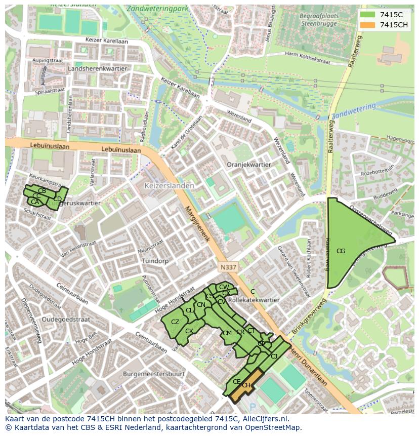 Afbeelding van het postcodegebied 7415 CH op de kaart.