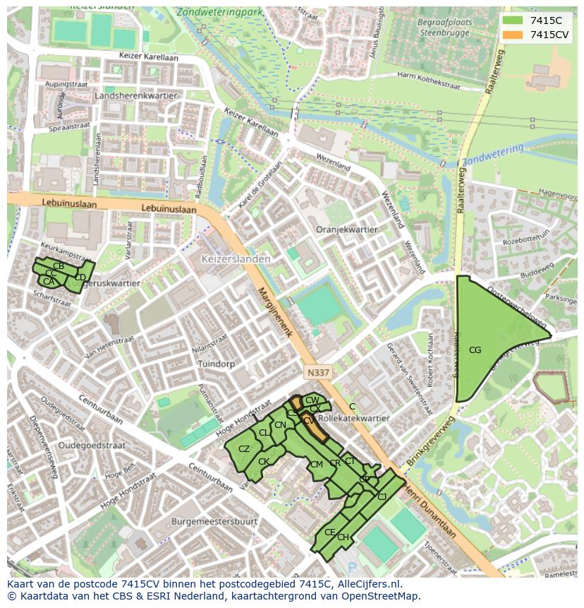 Afbeelding van het postcodegebied 7415 CV op de kaart.