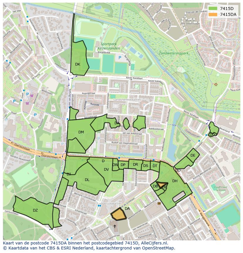 Afbeelding van het postcodegebied 7415 DA op de kaart.