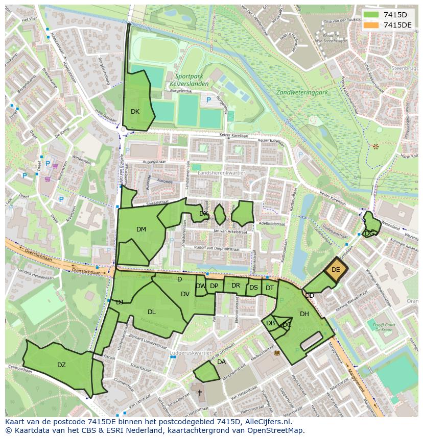 Afbeelding van het postcodegebied 7415 DE op de kaart.