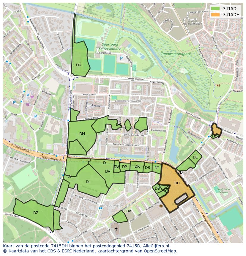 Afbeelding van het postcodegebied 7415 DH op de kaart.