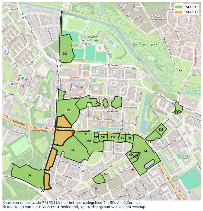 Afbeelding van het postcodegebied 7415 DJ op de kaart.
