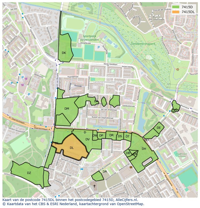 Afbeelding van het postcodegebied 7415 DL op de kaart.