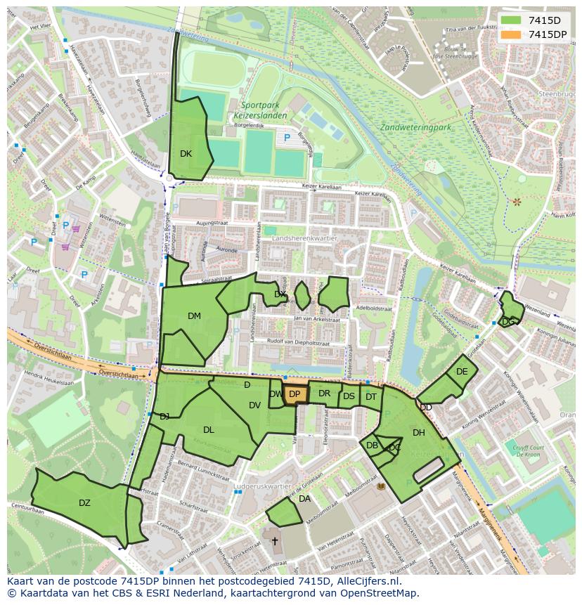 Afbeelding van het postcodegebied 7415 DP op de kaart.