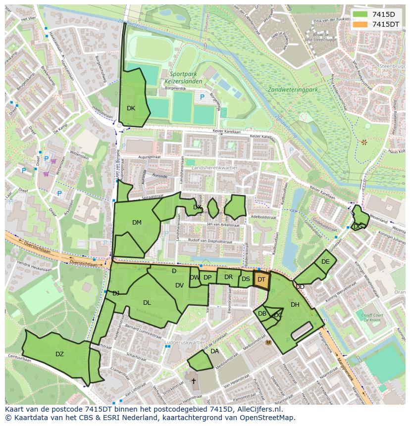 Afbeelding van het postcodegebied 7415 DT op de kaart.