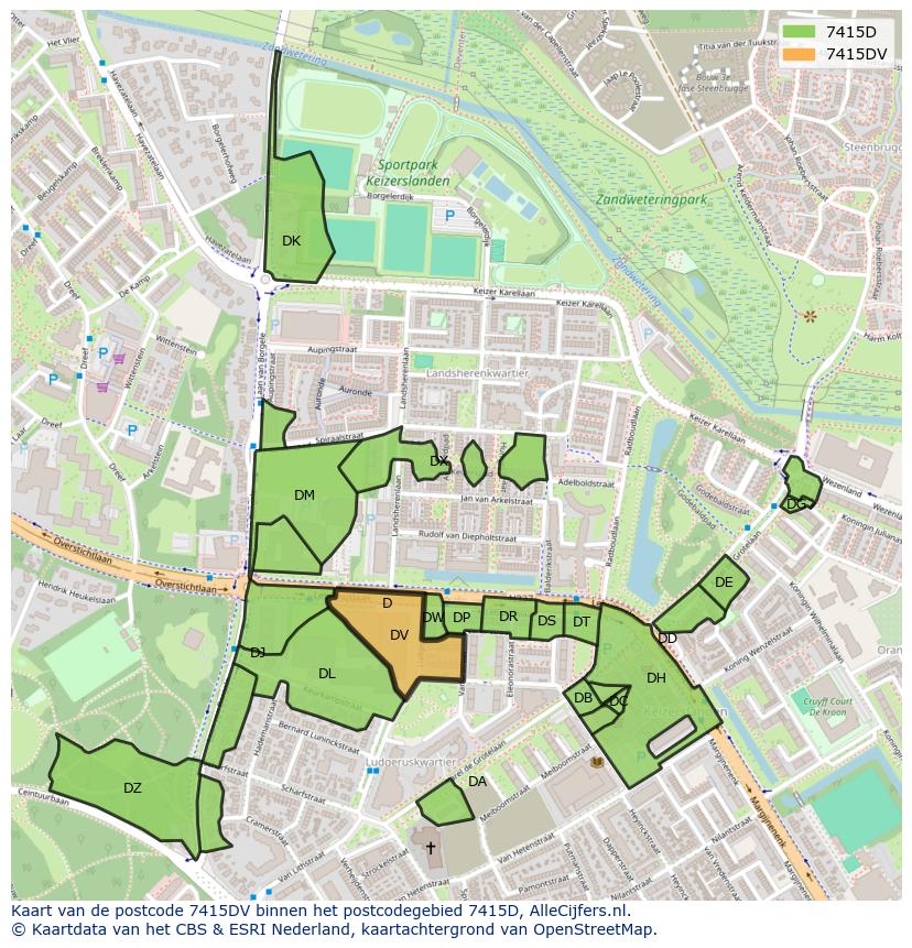 Afbeelding van het postcodegebied 7415 DV op de kaart.