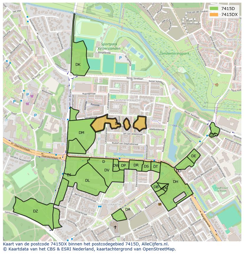 Afbeelding van het postcodegebied 7415 DX op de kaart.