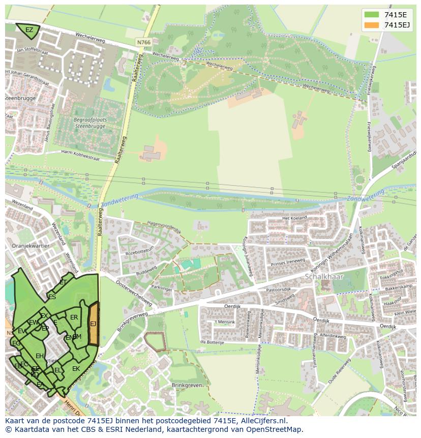 Afbeelding van het postcodegebied 7415 EJ op de kaart.