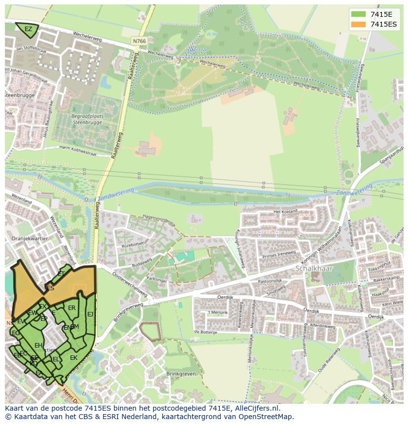 Afbeelding van het postcodegebied 7415 ES op de kaart.