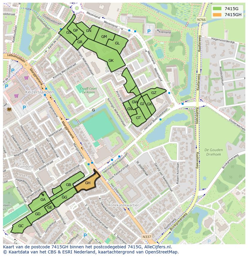 Afbeelding van het postcodegebied 7415 GH op de kaart.