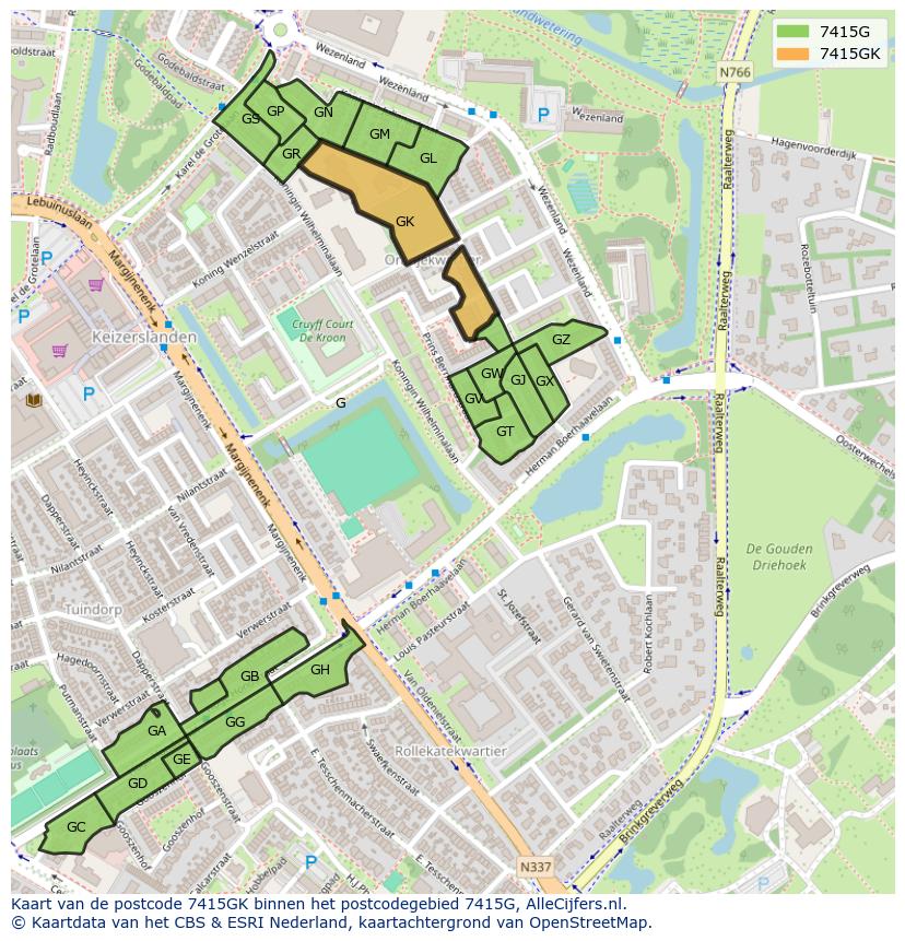 Afbeelding van het postcodegebied 7415 GK op de kaart.