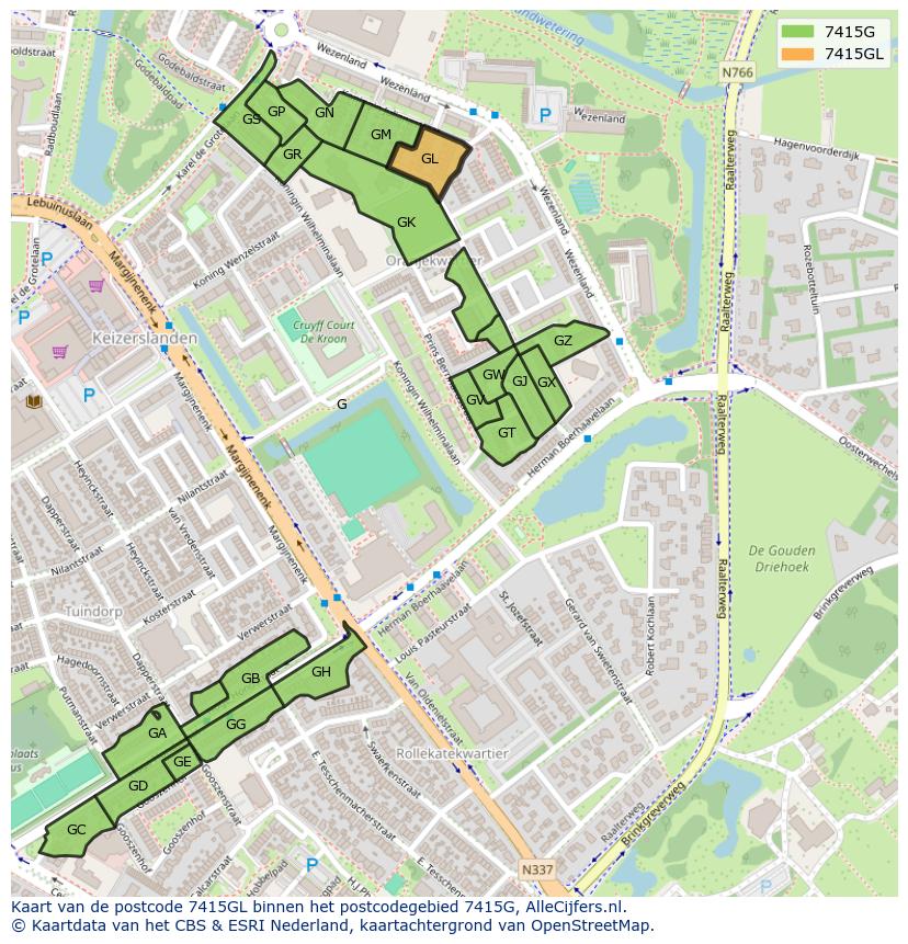 Afbeelding van het postcodegebied 7415 GL op de kaart.