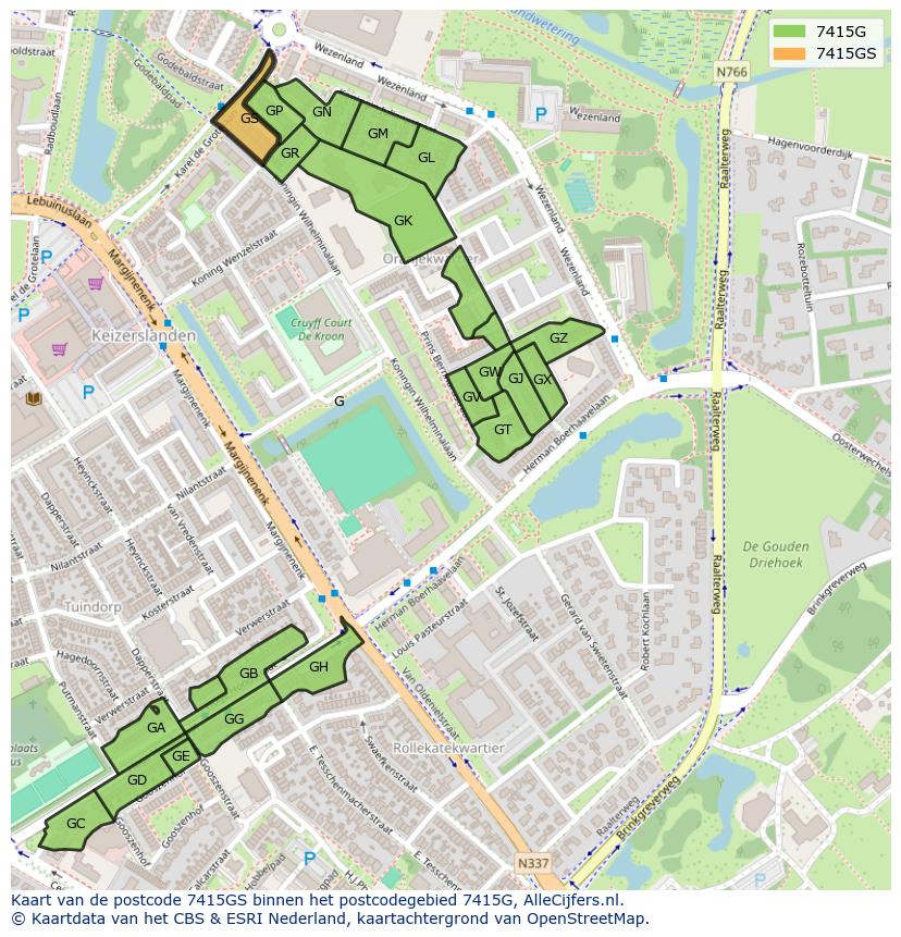 Afbeelding van het postcodegebied 7415 GS op de kaart.