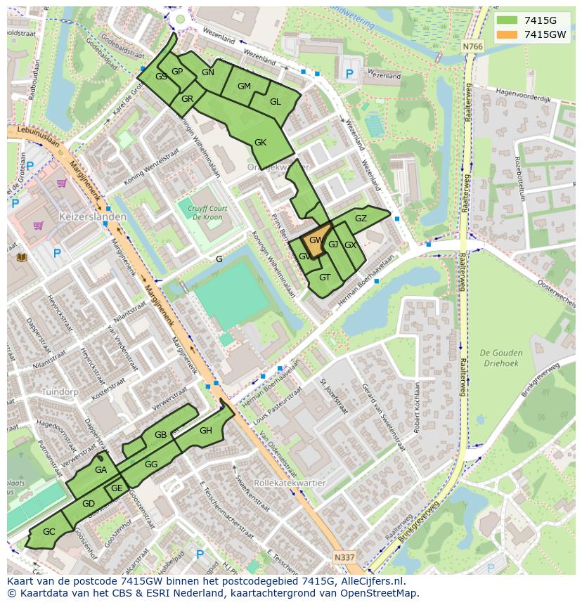 Afbeelding van het postcodegebied 7415 GW op de kaart.
