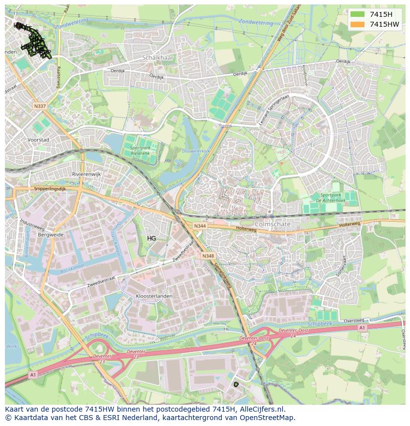 Afbeelding van het postcodegebied 7415 HW op de kaart.