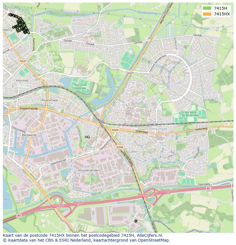 Afbeelding van het postcodegebied 7415 HX op de kaart.